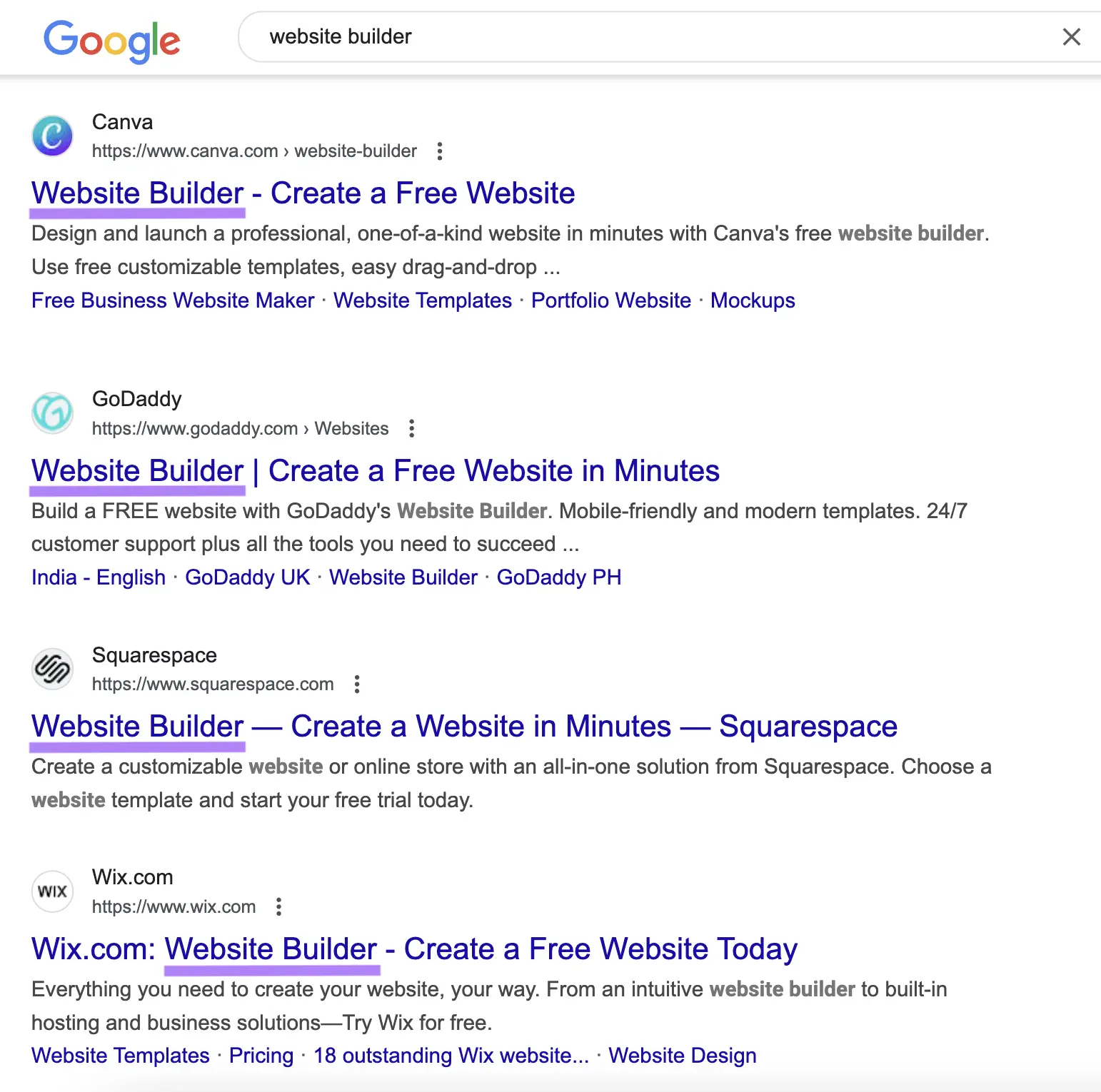 Google SERP for the query "website builder" showing all the top results using the term in their title tag.