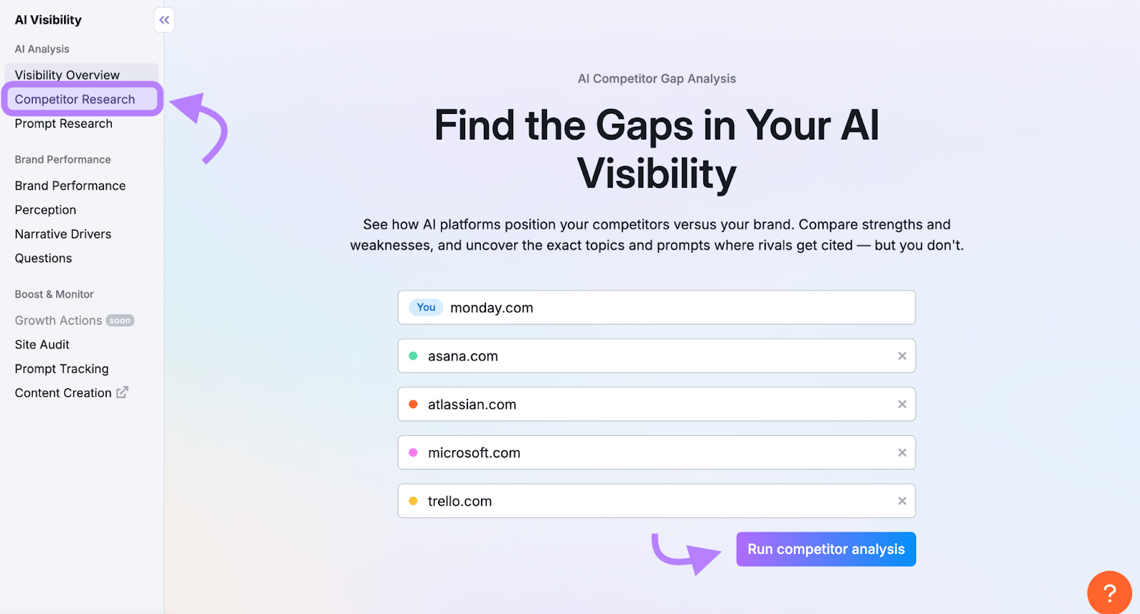 the start page for Semrush competitor research in AI visibility toolkit