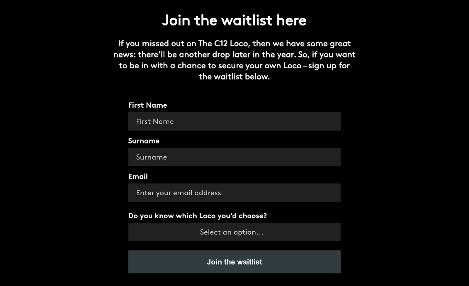 A "join the waitlist" landing page by Christopher Ward, ahead of an upcoming product drop, with input boxes for first name, surname, and email.