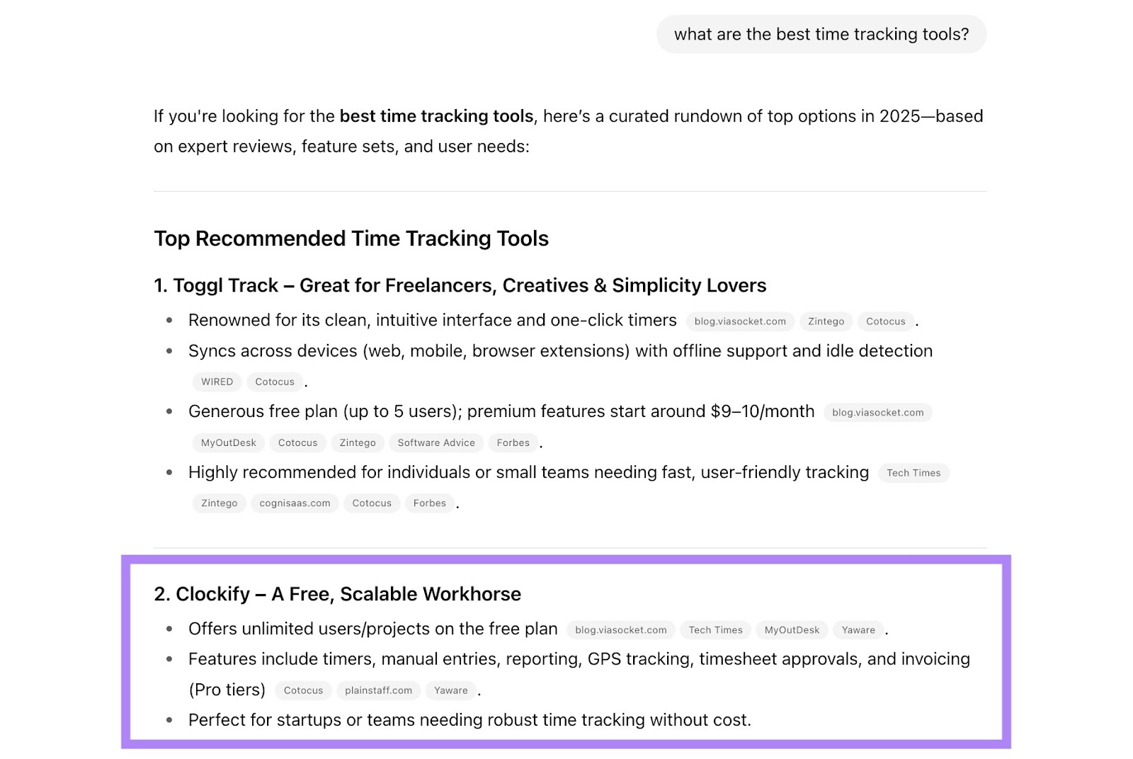 ChatGPT with the prompt "what are the best time tracking tools?" showing Clockify appearing as the second result.
