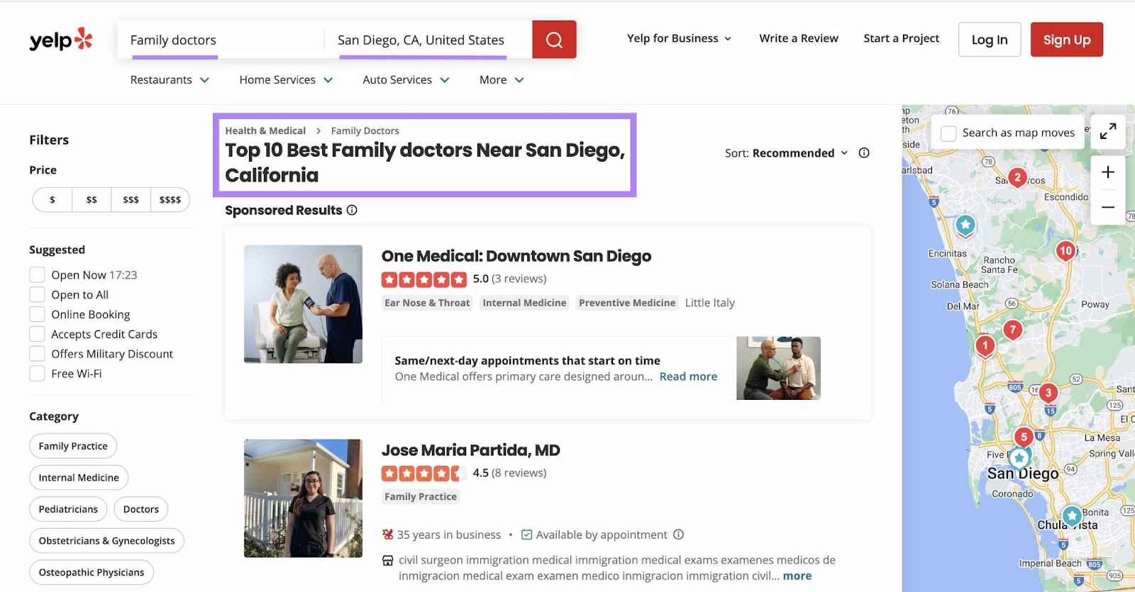 Yelp results showing the "Top 10 best family doctors near San Diego, California."