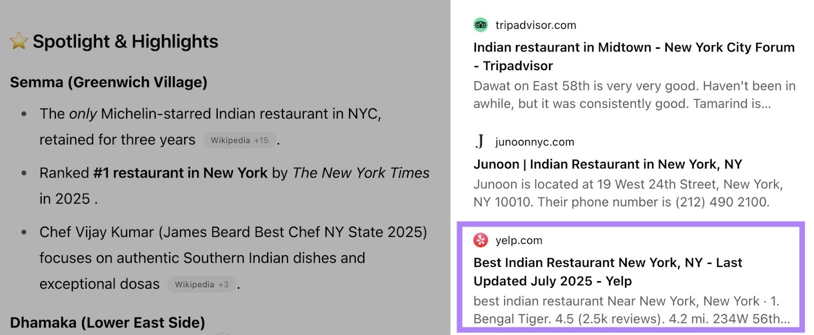 ChatGPT results for “best Indian restaurants in New York” listing Yelp as one of the sources.