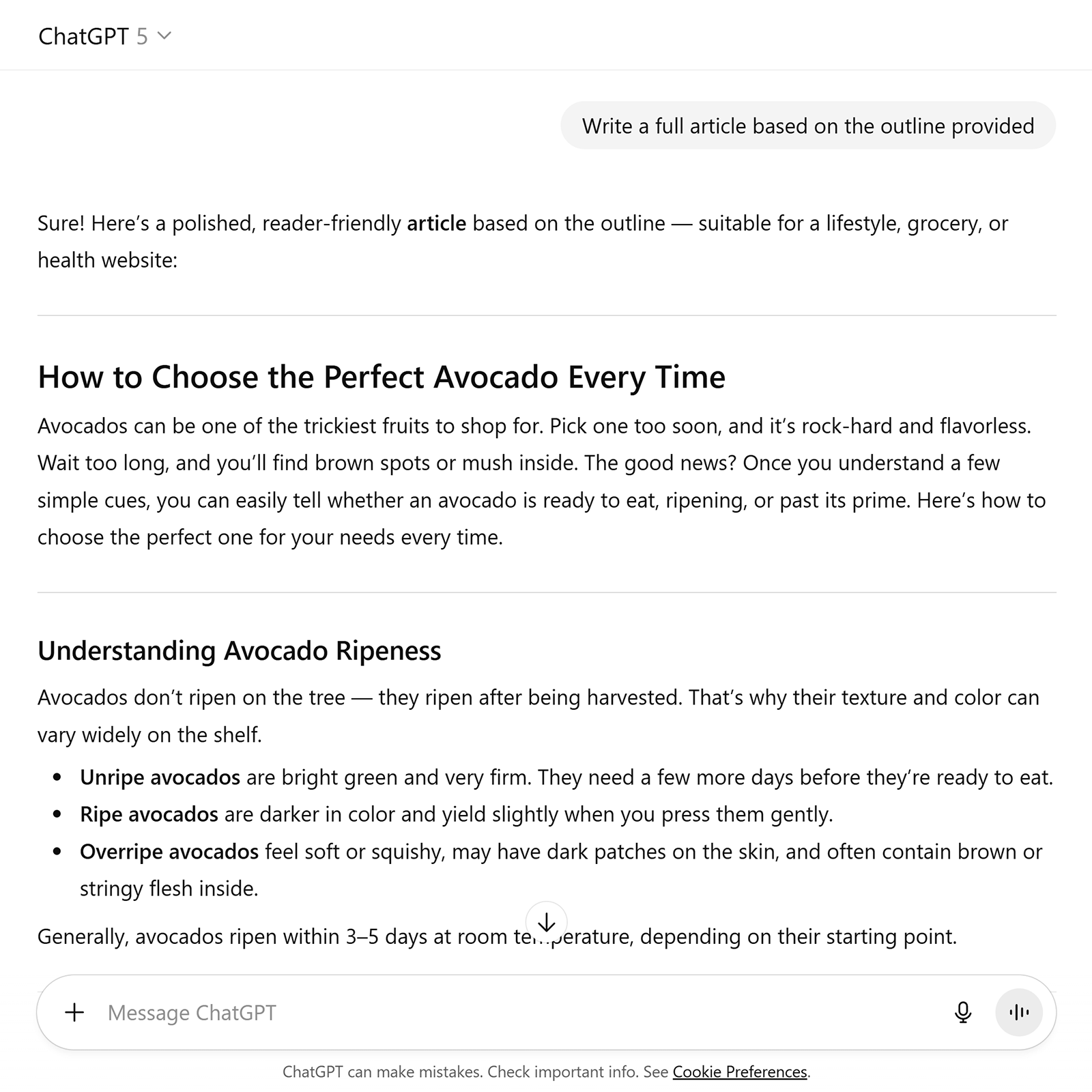 ChatGPT interface showing a full generated article about choosing the perfect avocado with clear headings and lists.