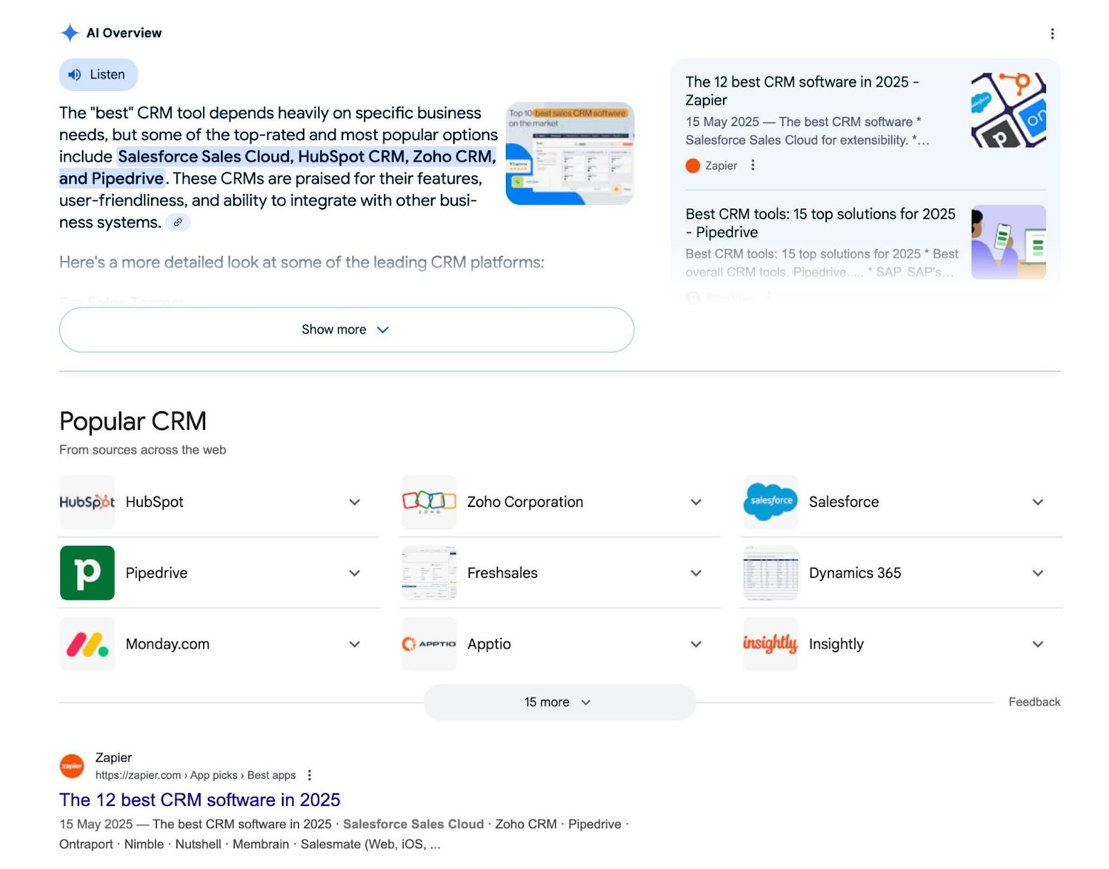 Google SERP for the term "best CRM tools" showing an AI Overview, a product carousel, then followed by a organic listing.