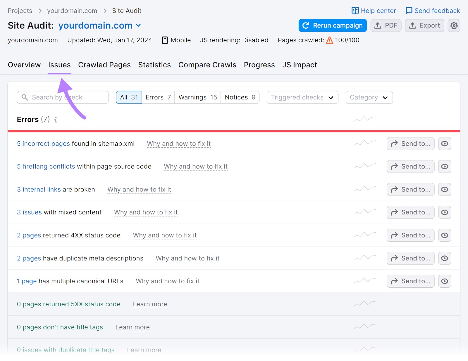 "Issues" tab in Site Audit tool