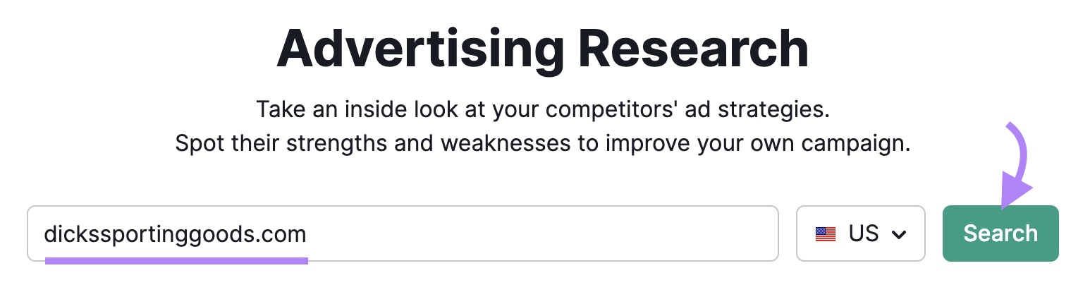 Advertising Research tool start with a domain entered and the "Search" button clicked.