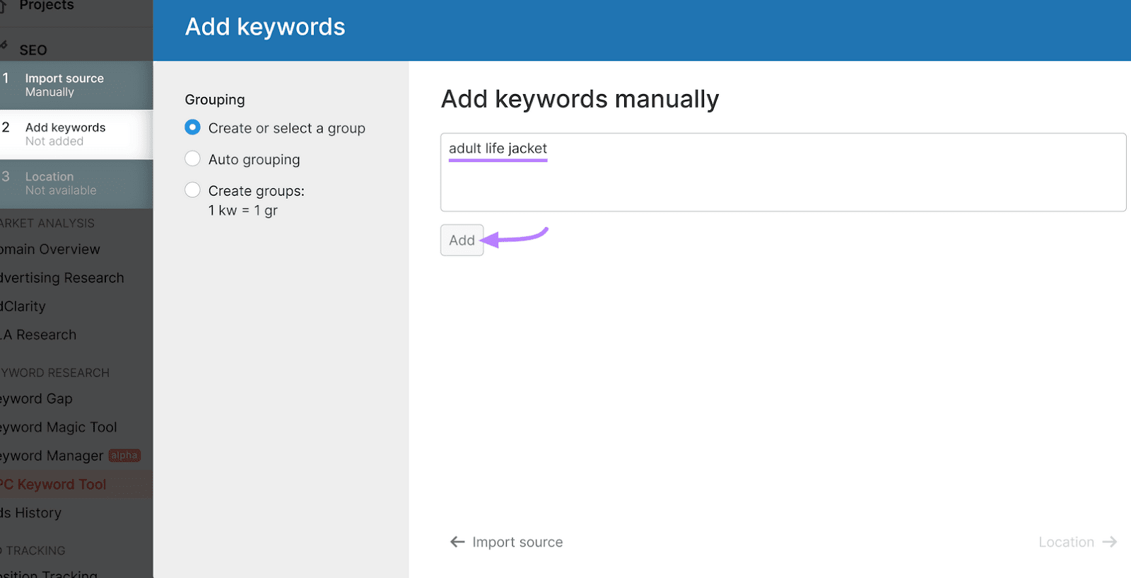 Tool with a text input field with the keyword "adult life jacket" and an "Add" button with a purple arrow pointing to it.