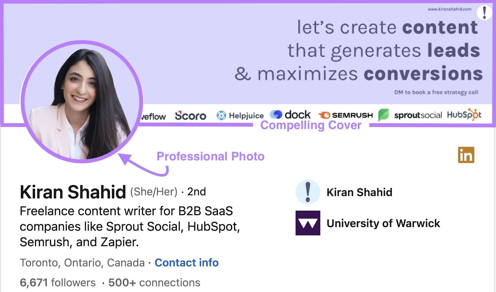 LinkedIn profile of Kiran Shahid highlighting the importance of a clear cover and professional photo