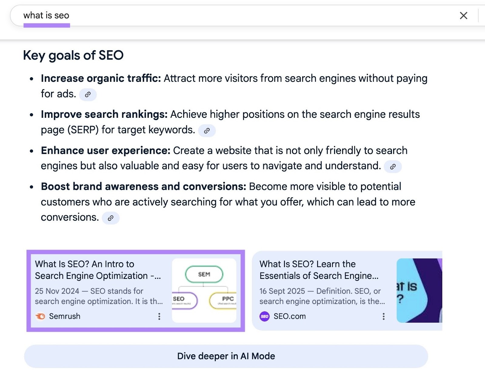 Google SERP for the term "what is seo" citing a blog post by Semrush with the same title.