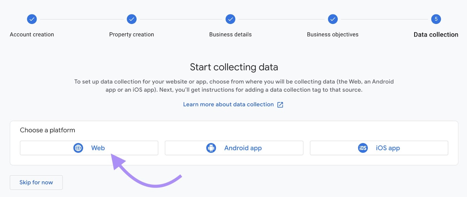 "Web" option selected under "Choose a platform" section