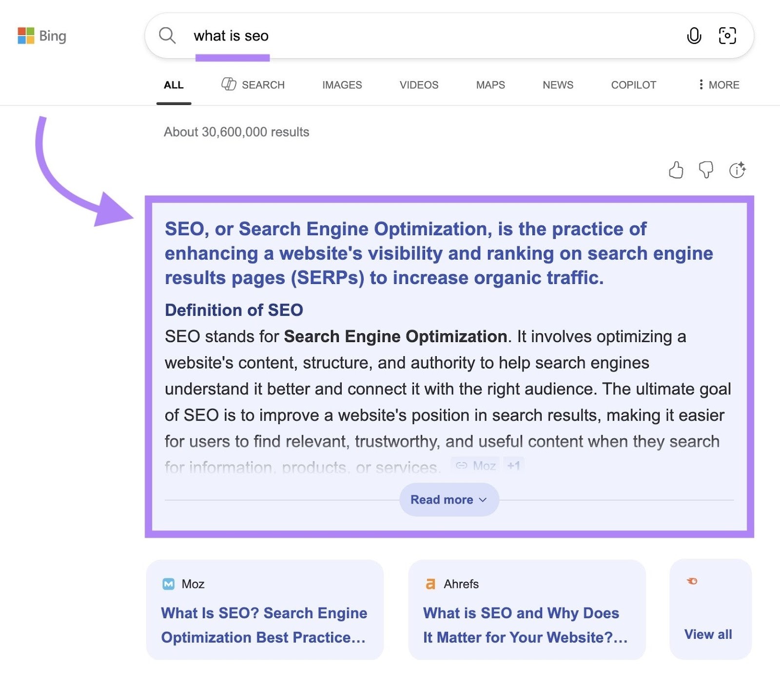 Bing SERP for the term "what is seo" showing an AI-powered summary appearing at the top of the page.