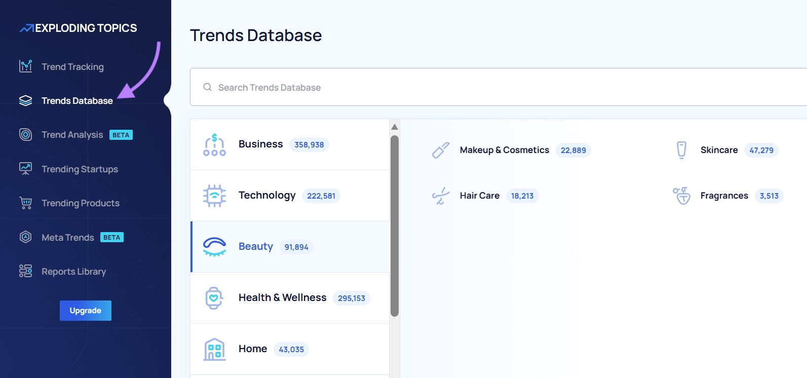 "Trends Database" clicked on the left-hand side menu of the Exploding Topics app.