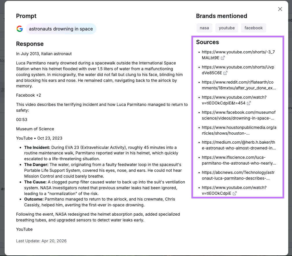 Screenshot showing a full AI-generated response to a prompt, with the sidebar highlighted to emphasize the list of sources cited for the answer.