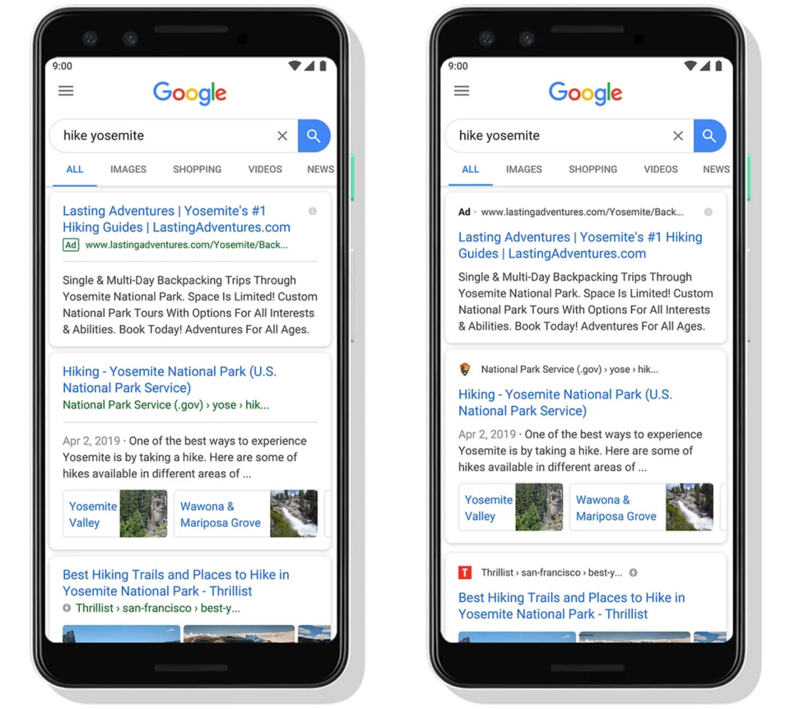 A visual showing Google SERP without website names and favs (left) and with website names and favs (right)