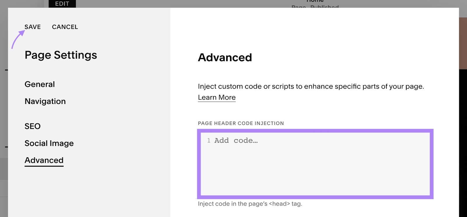 Advanced settings for a page on Squarespace with the 'Page Header Code Injection' table and the 'Save' button highlighted.