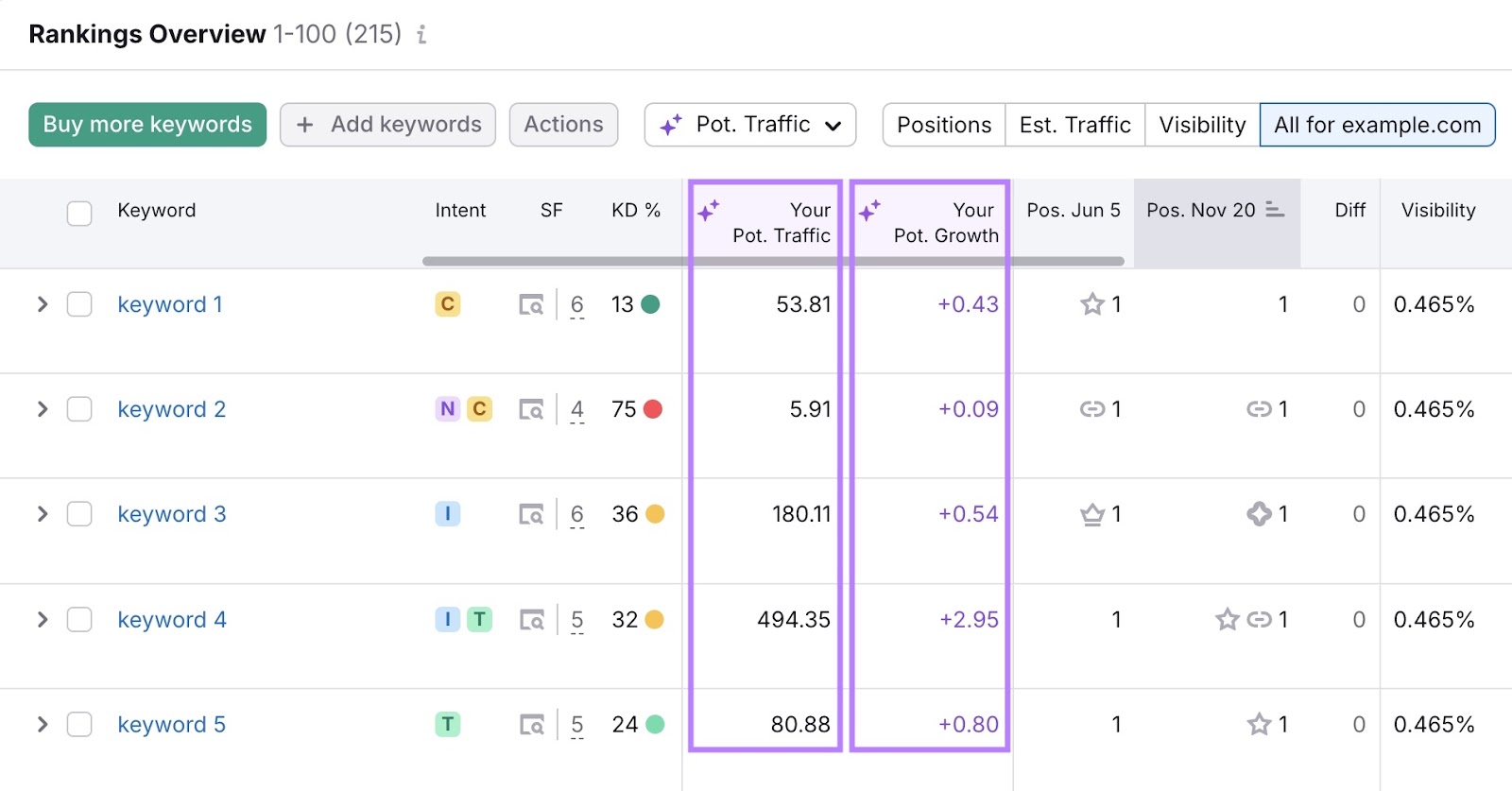 Rankings Overview showing how a domain's keywords perform over time with the potential traffic & growth columns highlighted.