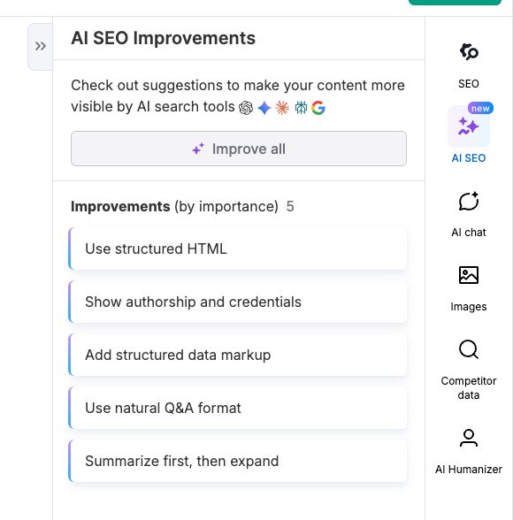 a list of AI SEO recommendations, including adding structured data