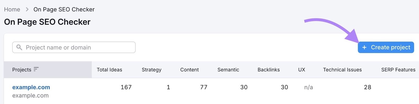 On Page SEO Checker homepage with "+ Create project" clicked.