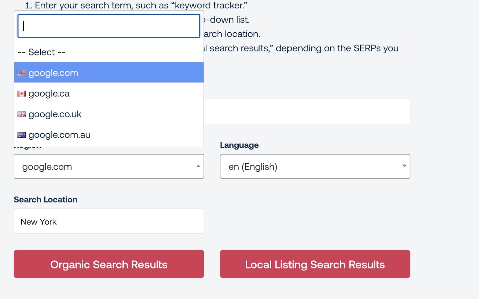 The "Spyglass" tool on Keyword.com to simulate Google SERPs for any location or regional domain.