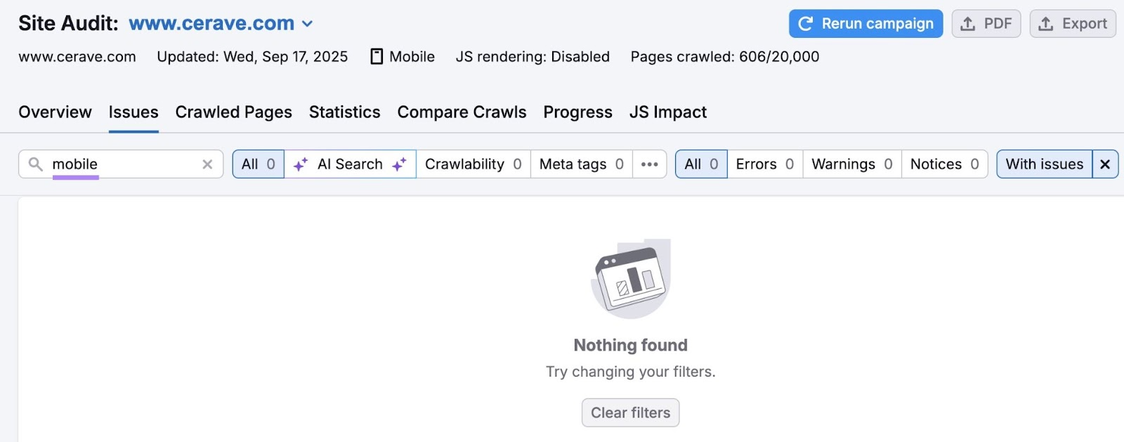 Site Audit Issues showing "cerave.com" without any mobile-related issues on their site.