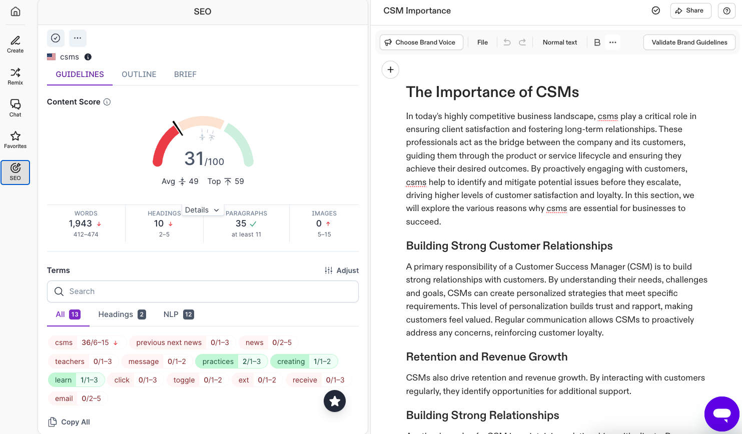 Surfer content meter is shown along with the text editor.