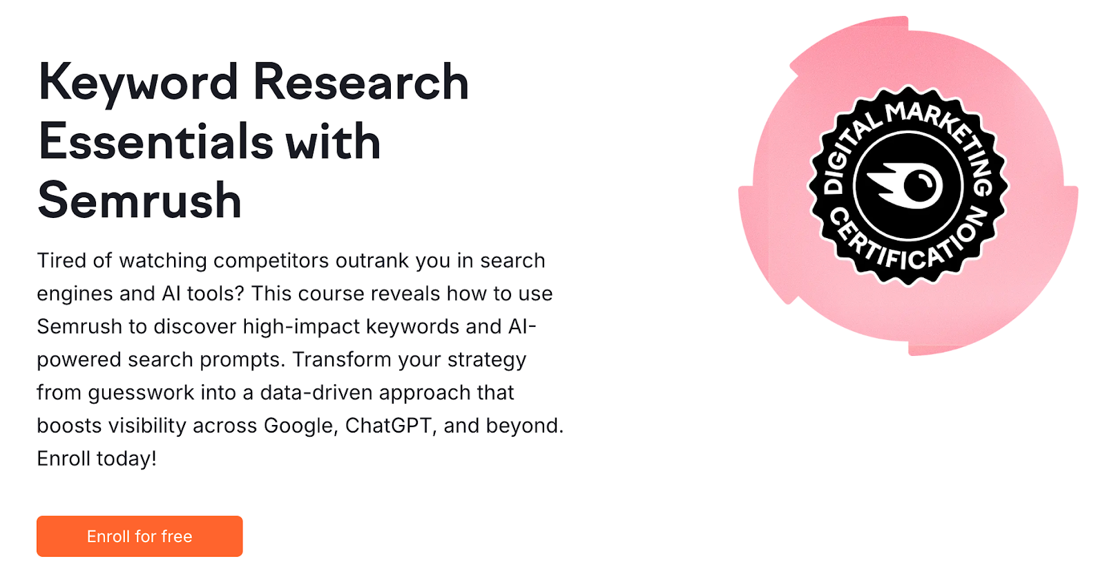 The Keyword Research Essentials with Semrush course sign-up page.