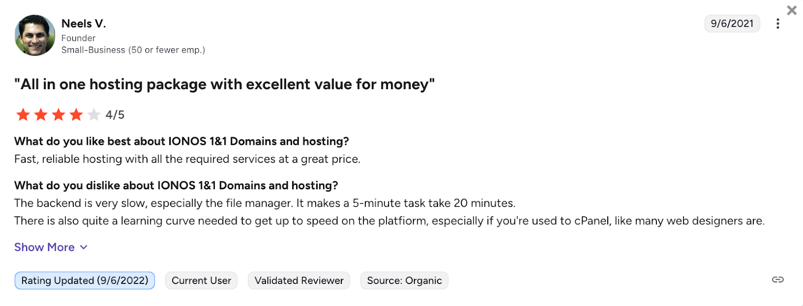 A G2 review commenting on how IONOS's control panel takes some adjusting to get used to.