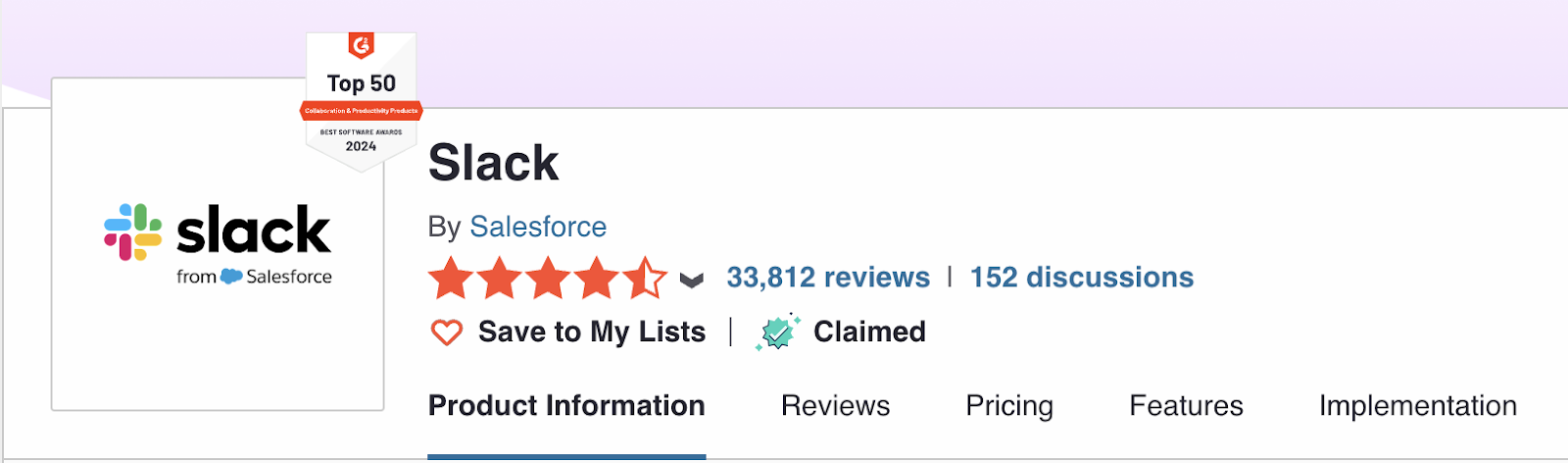 Slack's profile on the review site G2 showing a high average rating.
