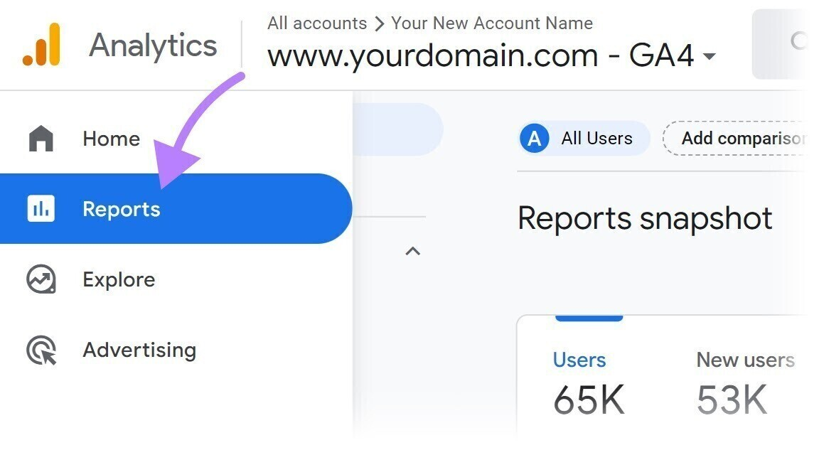 Navigating to "Reports" in Google Analytics menu