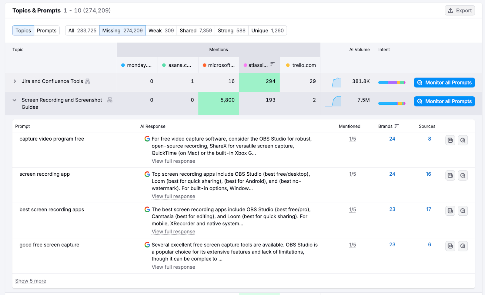 expanding a topic in the comparison table