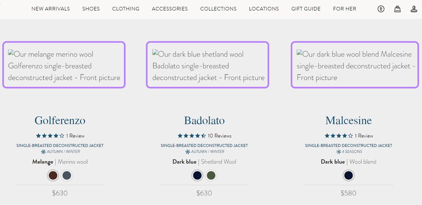 ALT text acting as placeholder for missing product images on a landing page.