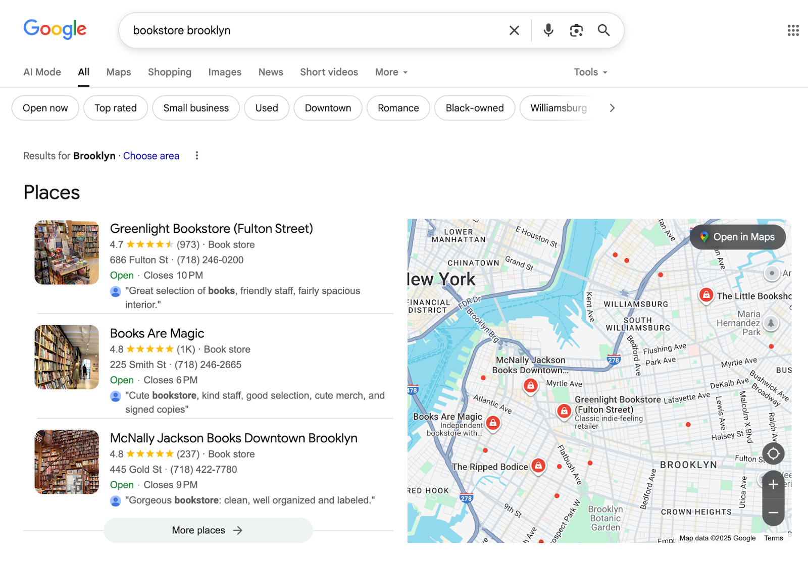 Local map pack shows three Google Business Profiles and a map in the SERP.