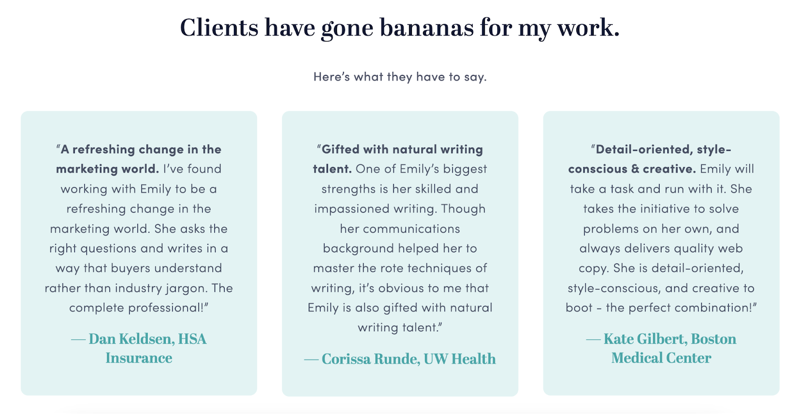 Emily Thompson's page featuring client testimonials