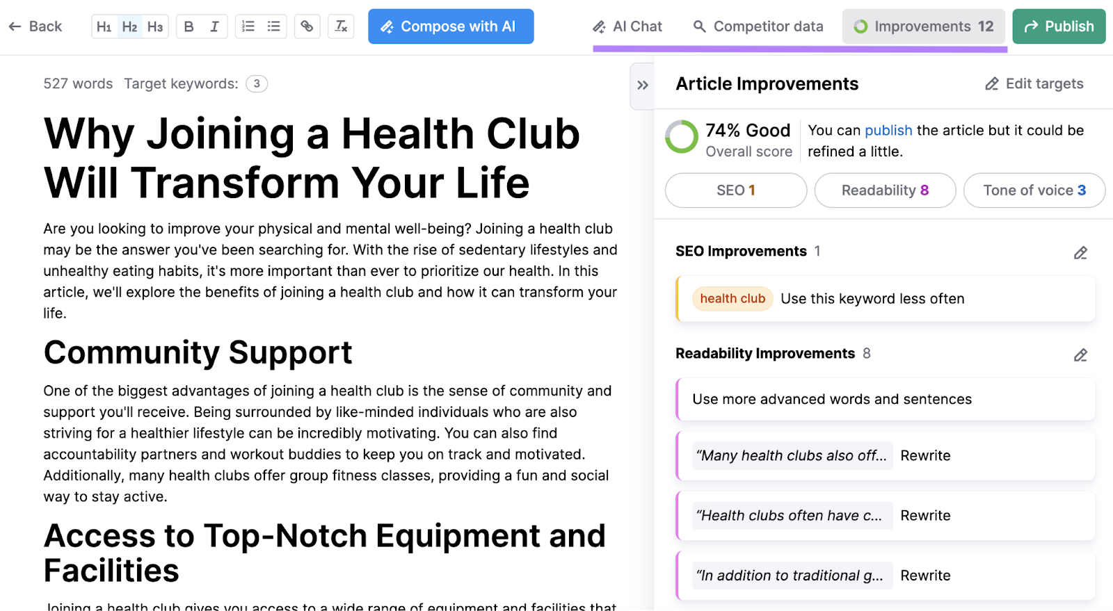"Article improvements" section in ContentShake AI
