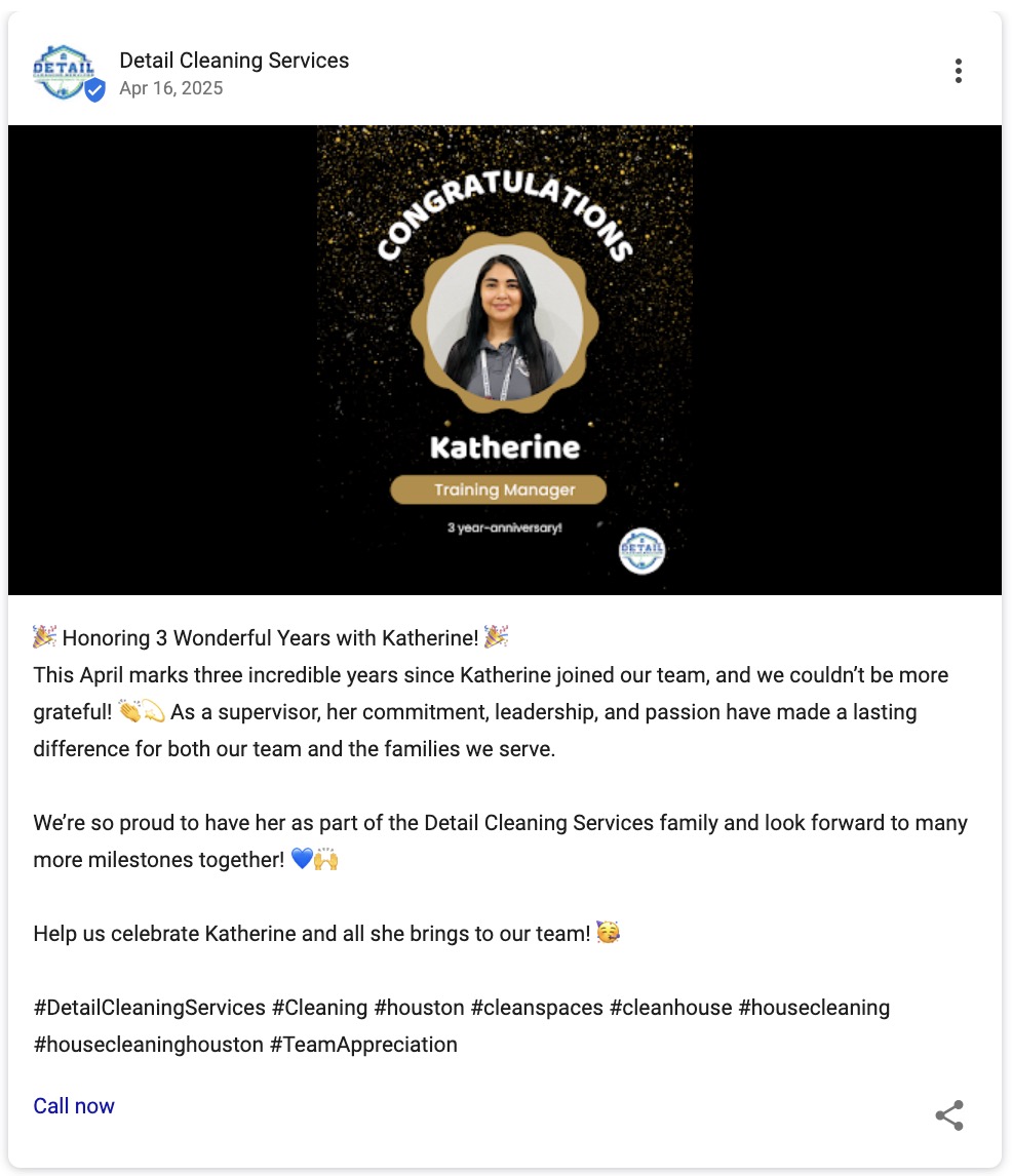 Google Business Profile post by a cleaning service celebrating an employee's three year anniversary with the company.