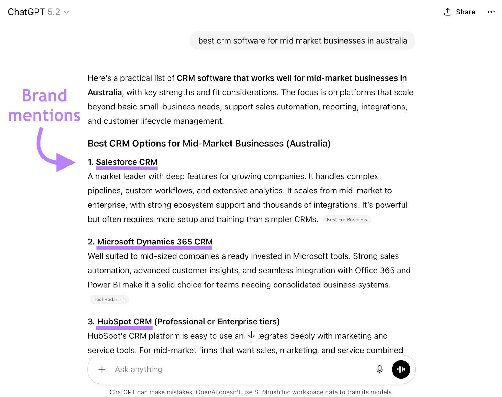 a sample chatGPT response with brand mentions