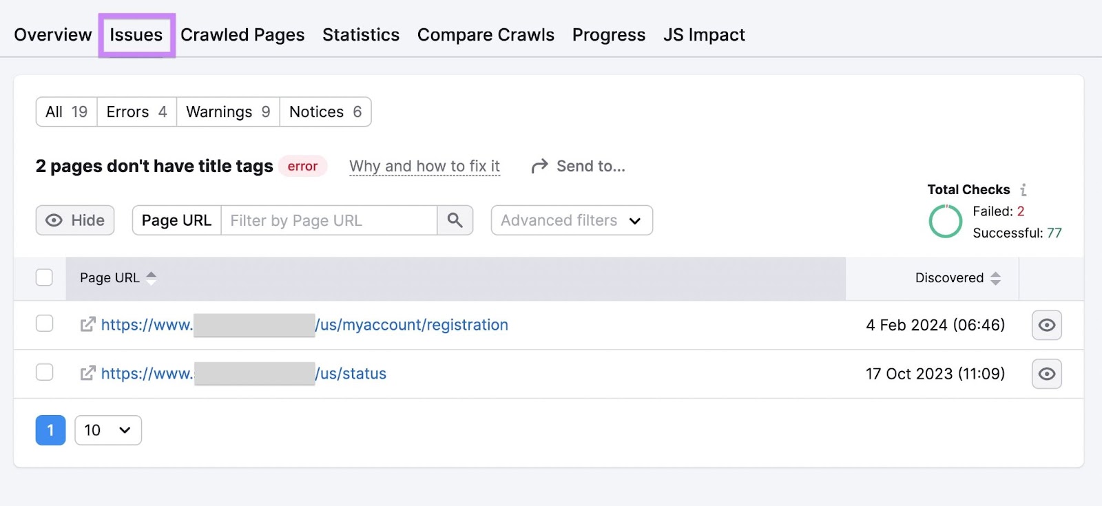 A page showing a list of pages that don't have title tags
