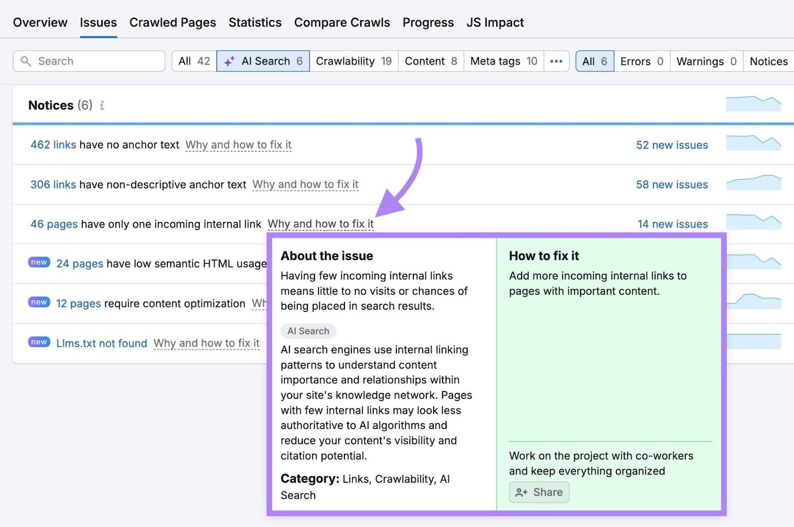 AI Search Issues on Site Audit with “Why and how to fix it” next to an issue clicked.