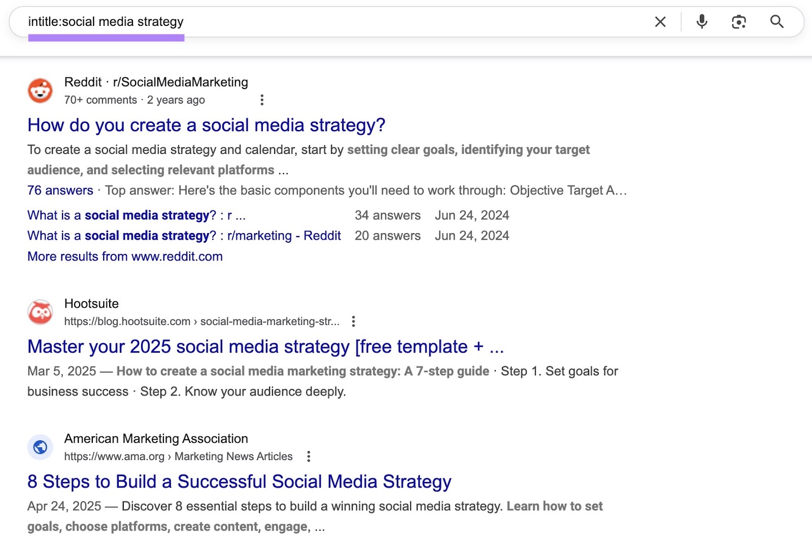 Google SERP with the "intitle" search operators applied showing only results with a specific title.