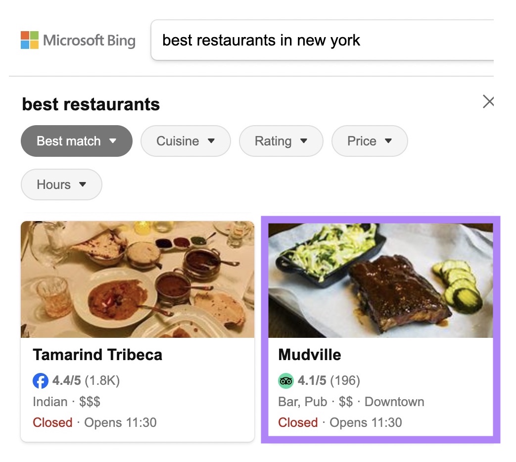 Bing SERP pulling local search results directly from Tripadvisor listings.