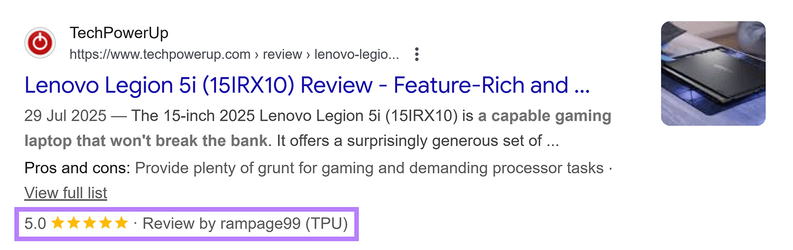 Google search result for Lenovo Legion laptop with 5-star review rich snippet highlighted.