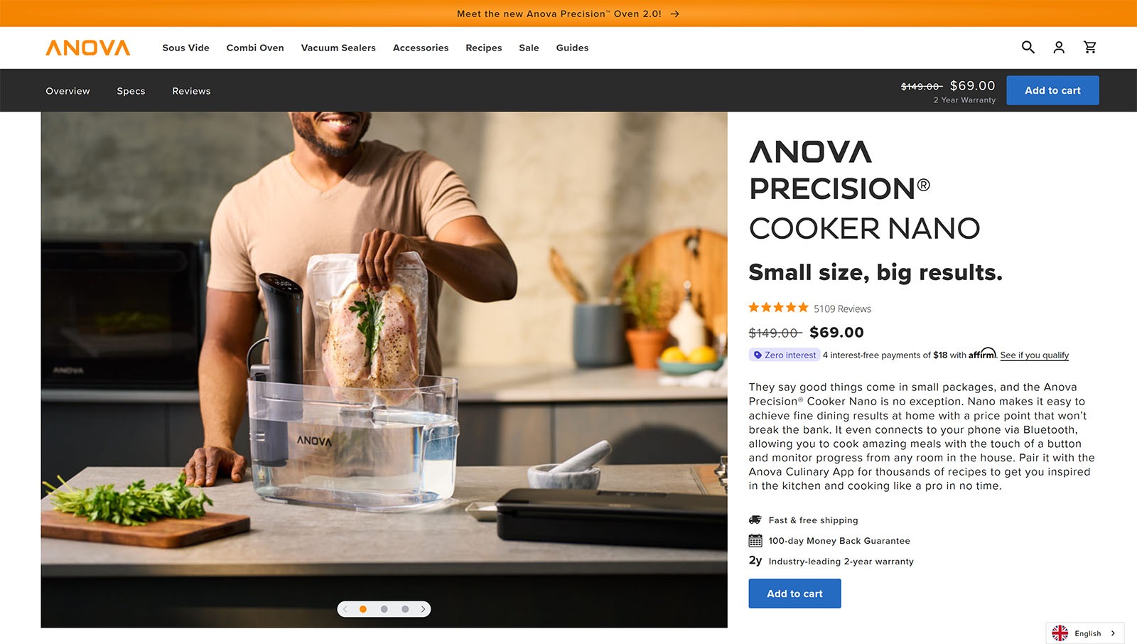 Anova Precision Cooker Nano product page with reviews, discount price, warranty, and Add to cart