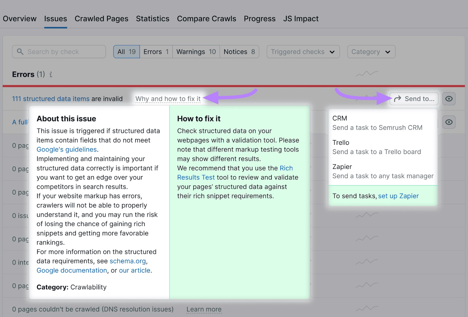"Why and how to fix it," and "Send to" section opened in Site Audit tool
