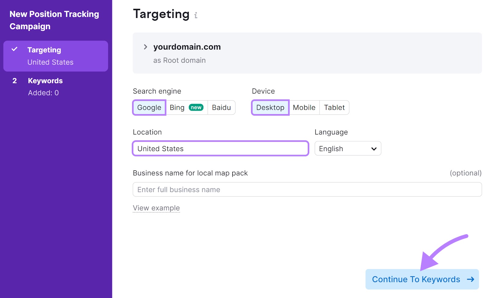 "Targeting" window in Position Tracking tool configuration settings