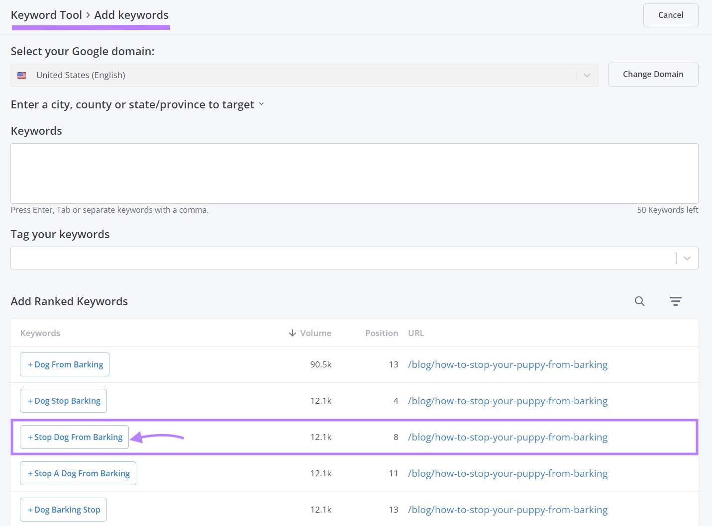 "Add keywords" on the "Keyword Tool" with “stop dog from barking” selected on WooRank.