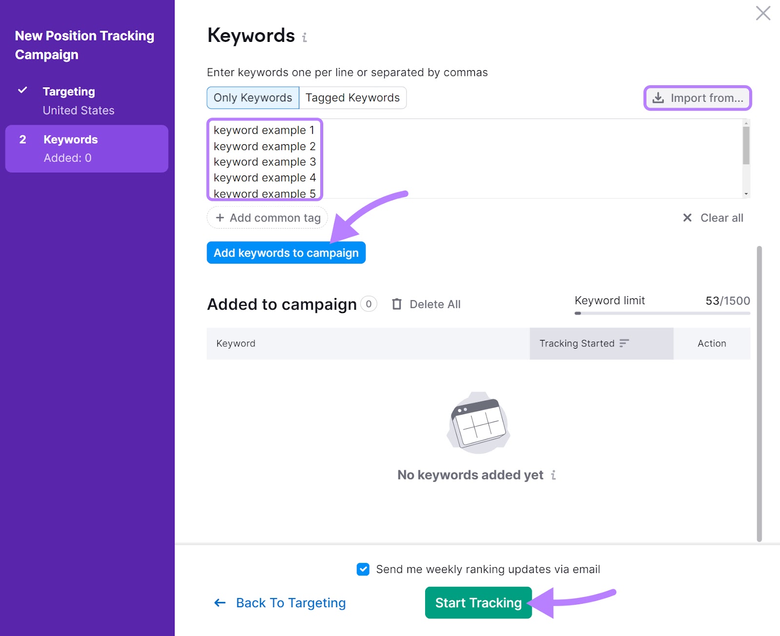 "Keywords" window in Position Tracking tool configuration settings