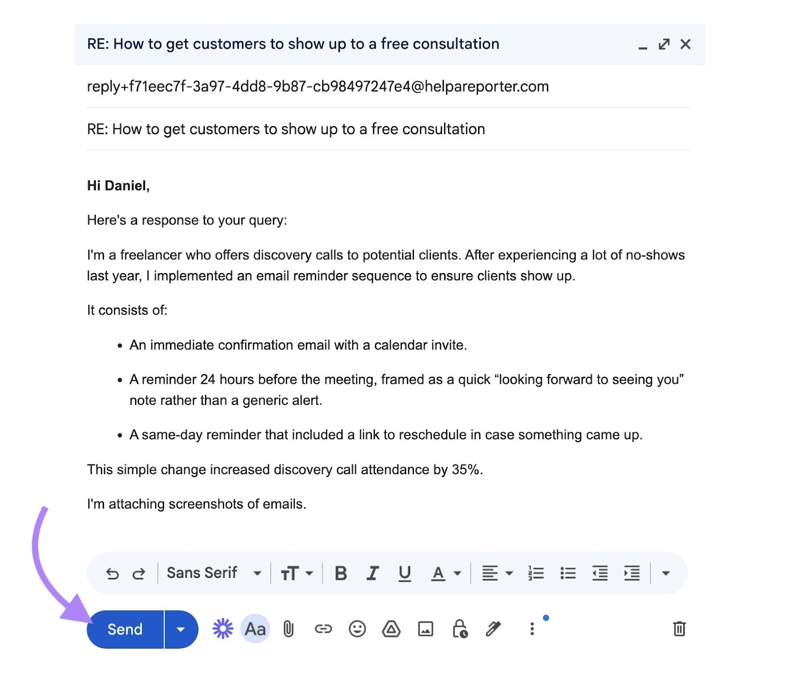 A pitch responding to a HARO query request on Gmail along with the "Send" button clicked.