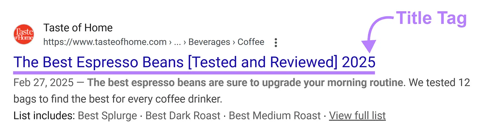 A SERP listing with the title tag highlighted.