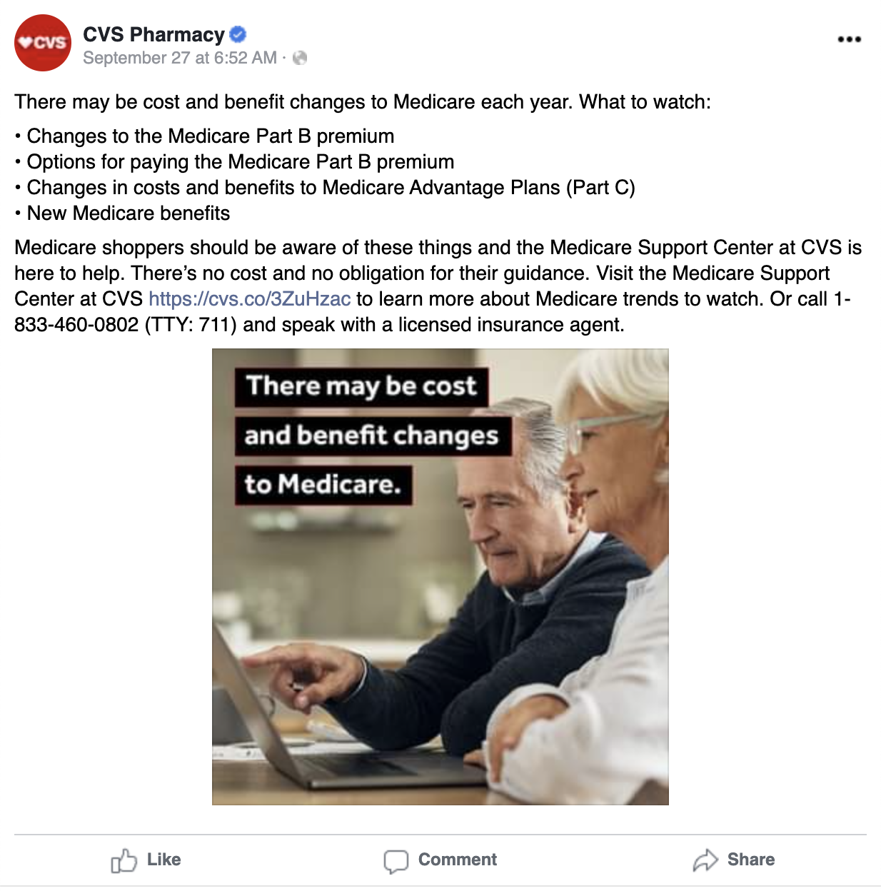 CVS Pharmacy's Facebook post about the Medicare program