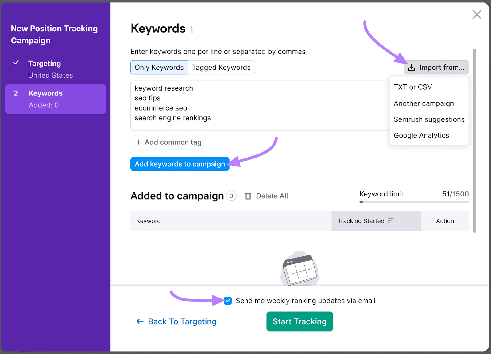 "Keywords" window in Position Tracking tool settings